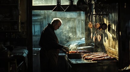 Tranquil Moment of Butcher Preparing Meats