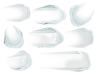 Set of transparent blue gel smears on an empty background. Skincare product, hydrating textures.