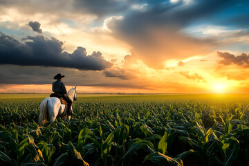 Fototapeta premium Fazendeiro a cavalo olhando a plantação de milho no pôr do sol, céu com nuvens intensas
