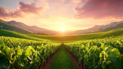 Fototapeta premium Serene sunset over lush vineyard landscape