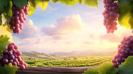 Scenic vineyard landscape framed by ripe grapes