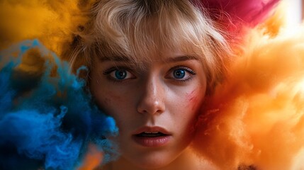 Fototapeta premium A young woman with blonde hair and blue eyes is surrounded by colorful smoke.