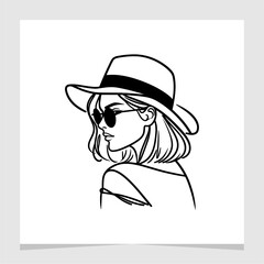 Woman Wearing Hat and Black Glasses Line Art Drawing Abstract Illustration Element Vector , Hand Drawin Element for Canvas , Wallpaper , Etc .