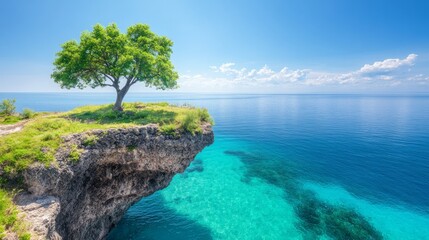 Serene cliffside view with lone tree over turquoise waters