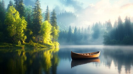 Obraz premium Serene wooden boat on a tranquil forest lake at dawn