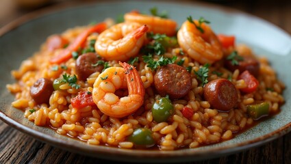 Fototapeta premium Spicy jambalaya with shrimp sausage bell peppers in Cajun sauce