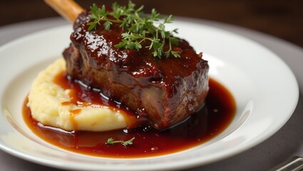 Delicious lamb shank with red wine reduction on creamy mashed potatoes