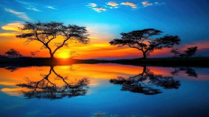Naklejka premium Tranquil Sunset View Over Lake and Park