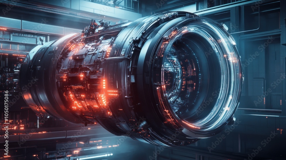 Poster a futuristic engine component featuring intricate designs and glowing elements.