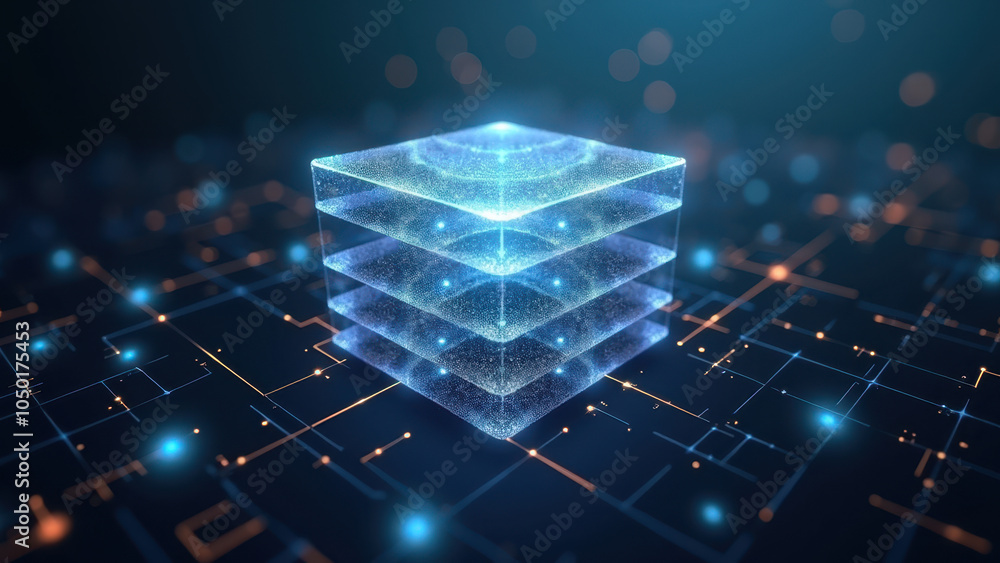 Aufkleber 3d rendering of a blue cube with digital circuit board.