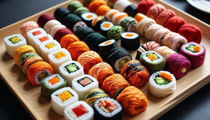 A knitted plate of yarn sushi rolls showcasing vibrant colors and intricate patterns, celebrating the art of food crafting in a delightful way, Generative AI