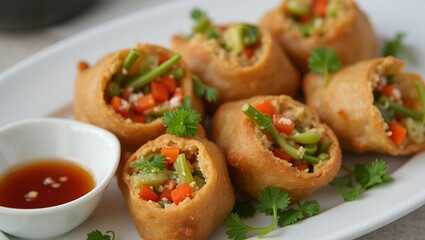 Delicious spring rolls with crispy veggies  sweet chili sauce dip