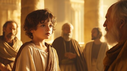 young Jesus as a child, around twelve years old, with olive-toned skin and dark hair, clad in ancient Jewish attire, standing in the majestic temple.