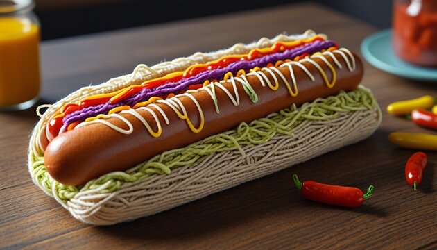 A charming yarn hot dog with bright yarn condiments, creating a fun and playful food representation that adds whimsy to kitchen decor, Generative AI