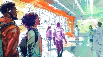 Multiracial tech professionals designing immersive platforms for education, enhancing student engagement. Illustrations