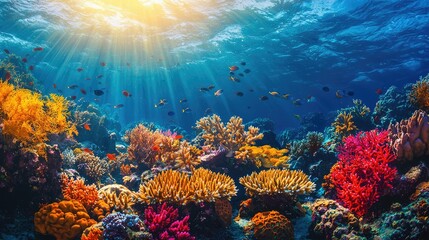 Obraz premium Vibrant Coral Reef Scene with Diverse Marine Life