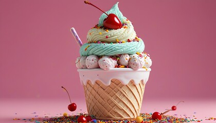 A vibrant yarn ice cream sundae topped with colorful yarn sprinkles and a cherry, turning the idea of a classic dessert into an art piece, Generative AI