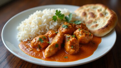 Delicious Indian butter chicken with aromatic basmati rice and warm naan bread