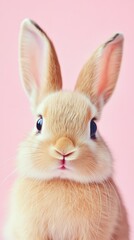 Obraz premium Adorable Close-Up of a Fluffy Bunny on a Pink Background