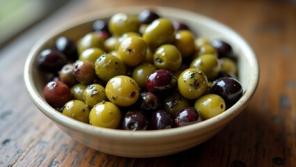 Fresh olives variety in a rustic bowl with herbs on wooden table