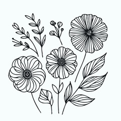 Adobe Illustrator Artwork
outline black and white line art, lineart, doodle flower. set of contour floral of cosmos, Chamomile, daisies, grasses, stems, herbs, leaves decorative elements