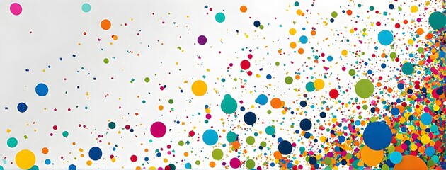abstract New Year’s Eve confetti explosion, with minimalist colored squares and circles falling through an empty white background