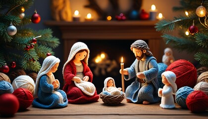 A cozy yarn nativity scene featuring knitted figures representing the holy family, adding a heartfelt touch to Christmas decorations, Generative AI © 4K_Heaven