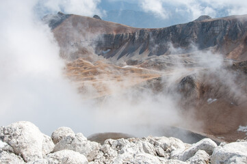 Slopes of the Mount Oshten covered with a thick fog in autumn, Republic of Adygea, Russian Federation