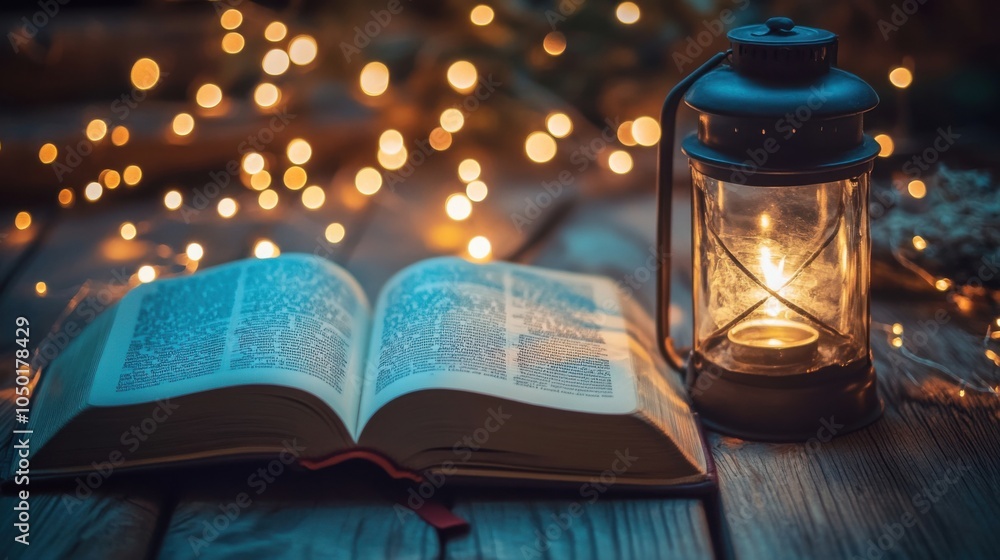 Poster open book with glowing lights and lantern representing knowledge