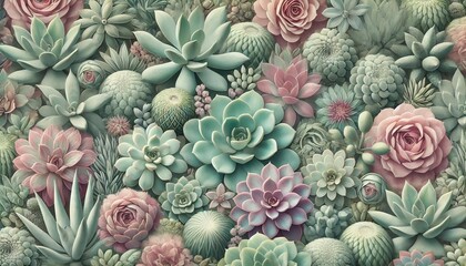 Fototapeta premium A botanical background filled with various exotic succulents
