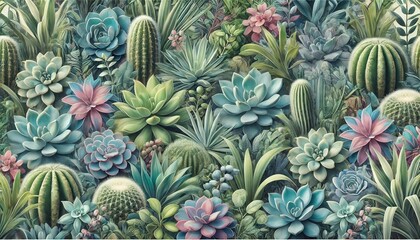 Obraz premium A vibrant botanical background featuring various succulents and exotic plants