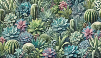 Gordijnen Jungle A vibrant botanical background featuring various succulents and exotic plants  © mckay