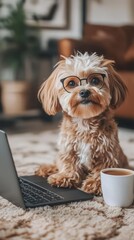 Cute Dog with Glasses Working on Laptop in Cozy Living Room