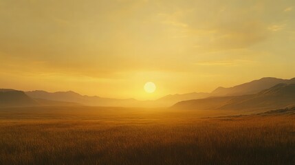 Obraz premium The sun rising behind distant mountains, casting a golden hue over the grassy plains in the foreground, with the sky slowly transitioning from night to day