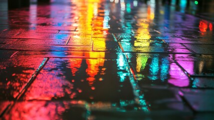 Colorful Reflections on Rainy Pavement at Night