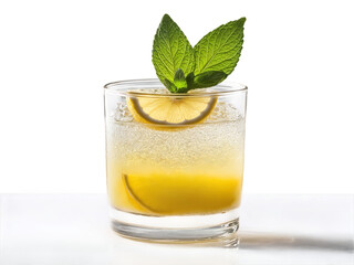 Fototapeta premium Ghanaian Asana in clear glass garnished with slice of lemon and sprig of mint