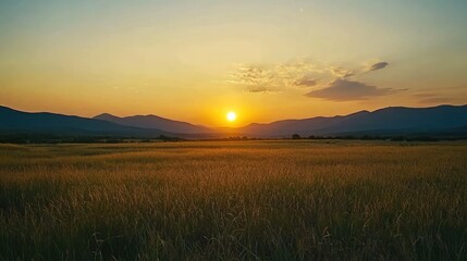Obraz premium The sun rising behind distant mountains, casting a golden hue over the grassy plains in the foreground, with the sky slowly transitioning from night to day