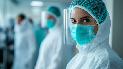 Healthcare worker in protective gear with colleagues in a hospital setting during a busy shift