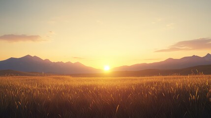 Fototapeta premium The sun rising behind distant mountains, casting a golden hue over the grassy plains in the foreground, with the sky slowly transitioning from night to day