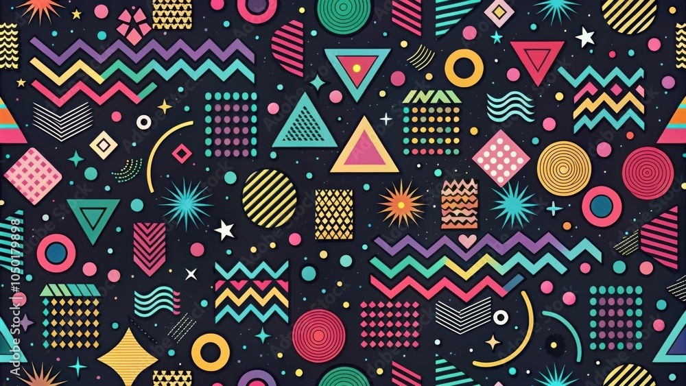Aufkleber a seamless pattern featuring a retro geometric design of colorful shapes and stars on a dark backgro