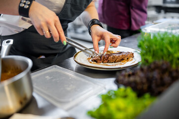 A chef’s hands cutting a piece of meat with a fork and knife on a plate, garnished with fresh greens, in a professional kitchen setting. Perfect for culinary, cooking, and food preparation themes.