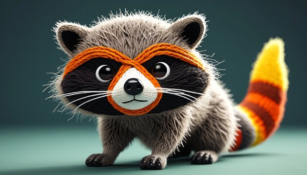 An imaginative yarn raccoon with a mask and bushy tail, bringing a fun and adventurous spirit to any playful decor, Generative AI