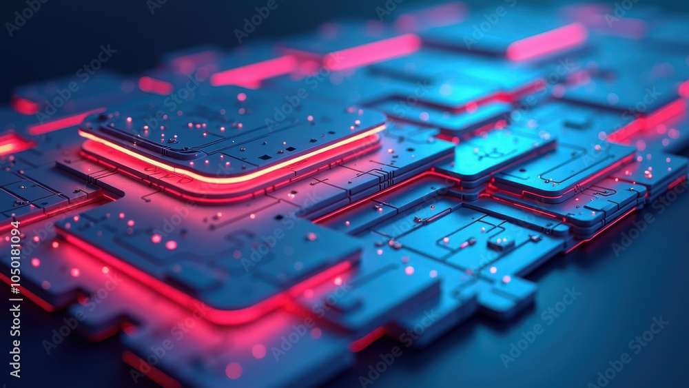 Poster close-up image of a computer motherboard with vibrant neon lights.