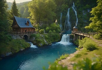 Fototapeta premium a beautiful cozy house on the river bank surrounded by a mystical forest creating a fairy-tale atmosphere