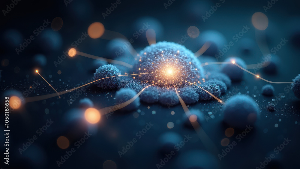 Poster abstract glowing particles and atoms in a dark space.