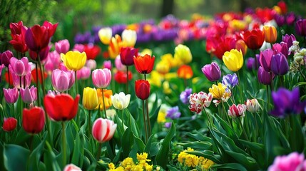 Bright and Colorful Tulip Field in Bloom