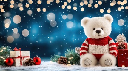 A charming white bear in a red and white sweater embraces a snowy Christmas night filled with sparkling stars and soft bokeh lights