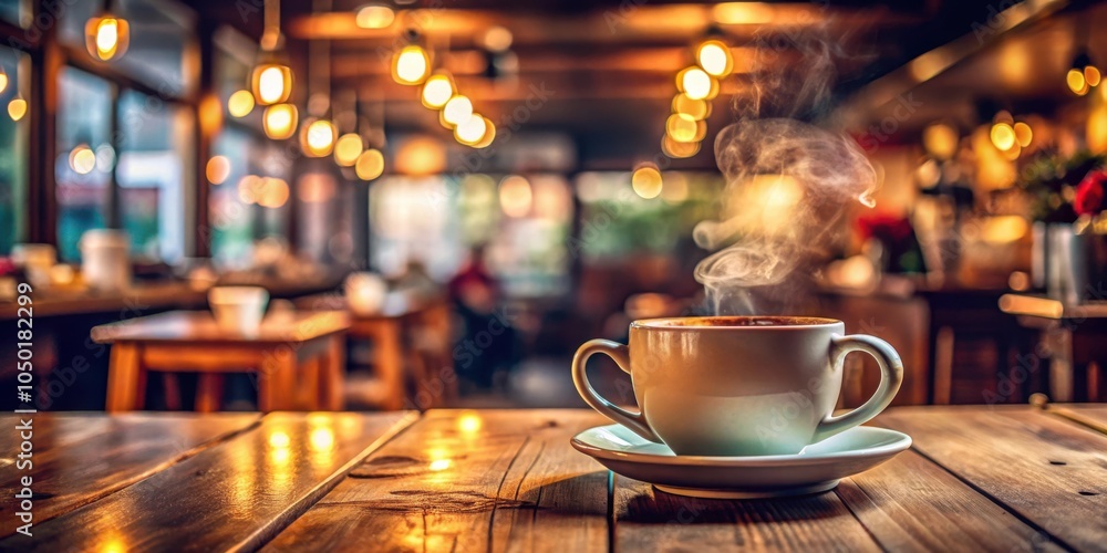 Poster a steaming cup of coffee on a rustic wooden table in a cozy cafe with warm lighting