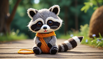 A playful yarn raccoon with a cute mask and bushy tail, bringing a fun and adventurous vibe to any child's room or outdoor-themed decor, Generative AI