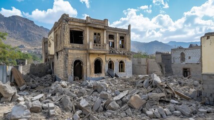 A shell fired by the Houthi militia destroys a house in the city of Taiz